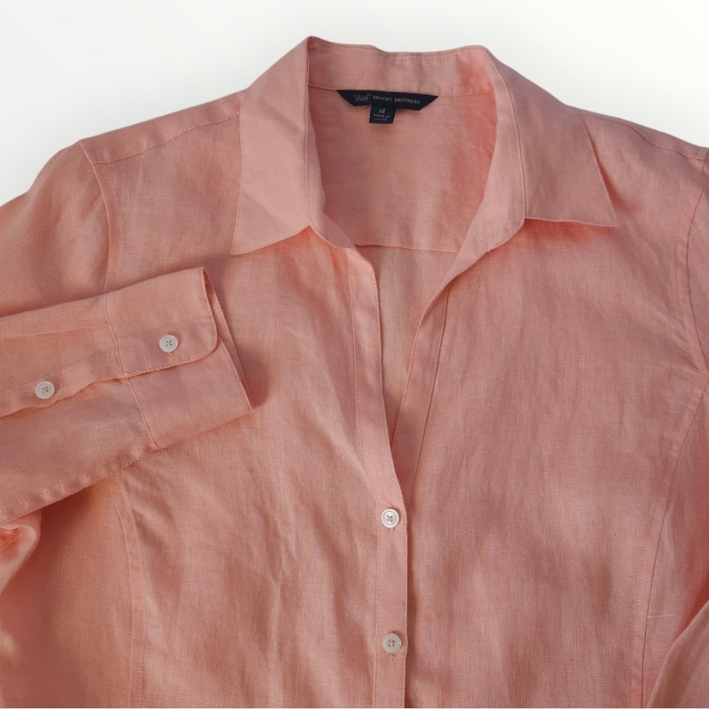 Brooks Brothers 346 Womens Linen Button Down Shirt Coral Peach Long Sleeve 14 - Picture 2 of 9